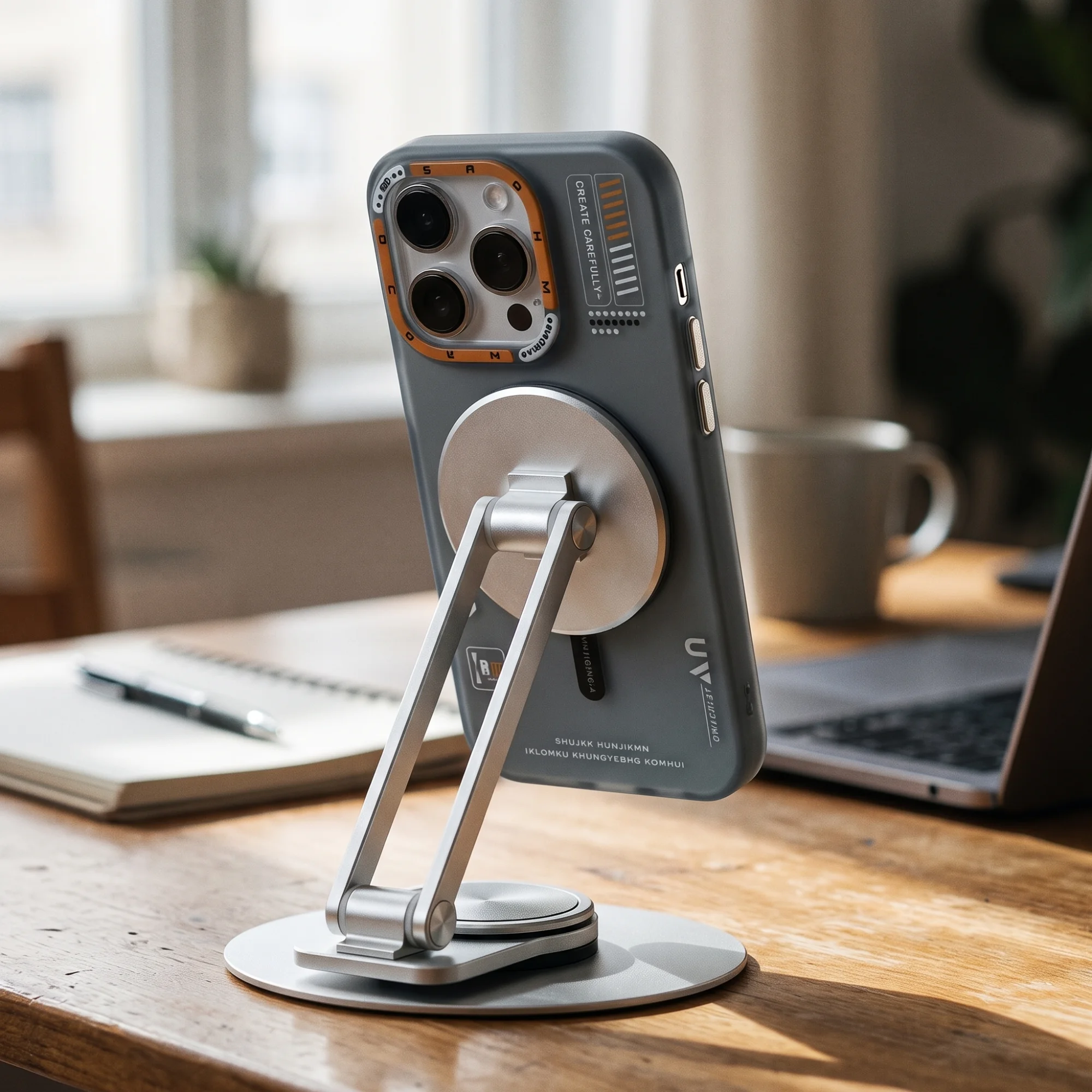 Grey magnetic iPhone case on a separate desktop stand, not included with the case