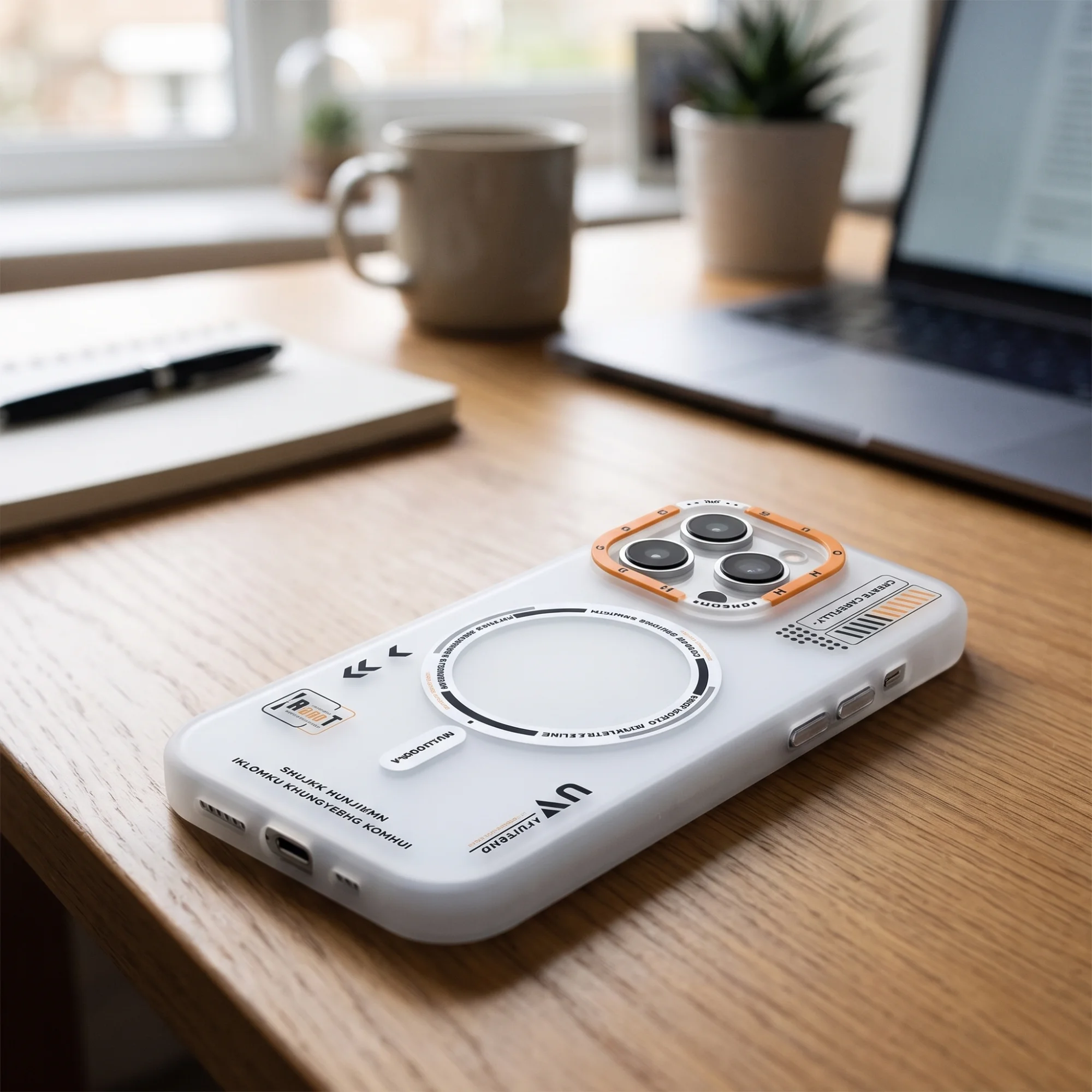 White matte-look magnetic iPhone case on a desk beside a laptop and mug